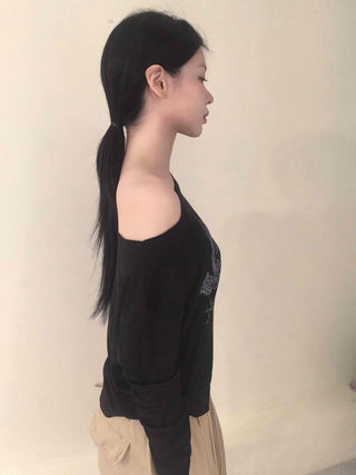 Vintage Tattoo Print Off-Shoulder Loose Tee