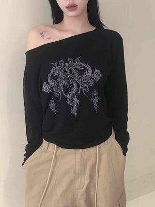 Vintage Tattoo Print Off-Shoulder Loose Tee