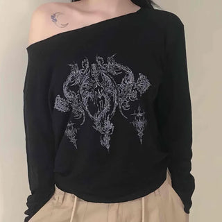 Vintage Tattoo Print Off-Shoulder Loose Tee