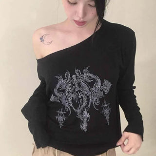 Vintage Tattoo Print Off-Shoulder Loose Tee