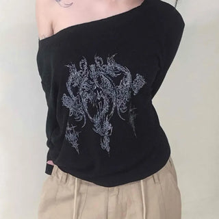 Vintage Tattoo Print Off-Shoulder Loose Tee