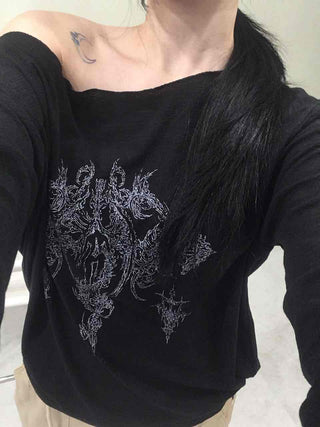 Vintage Tattoo Print Off-Shoulder Loose Tee
