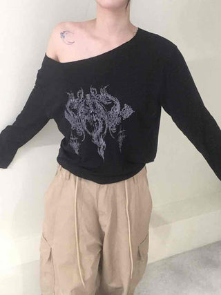 Vintage Tattoo Print Off-Shoulder Loose Tee