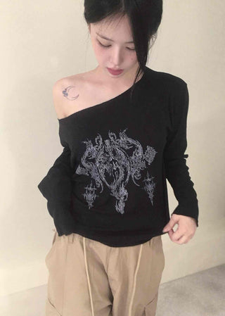 Vintage Tattoo Print Off-Shoulder Loose Tee