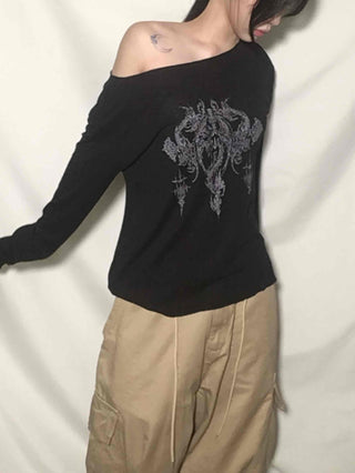 Vintage Tattoo Print Off-Shoulder Loose Tee