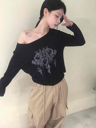 Vintage Tattoo Print Off-Shoulder Loose Tee