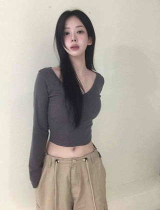 Deep V-Neck Delicate Long Sleeve Tee