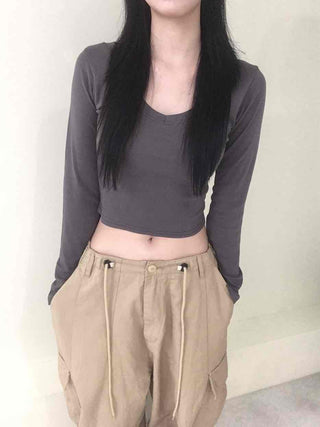 Deep V-Neck Delicate Long Sleeve Tee