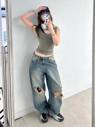 Serin Vintage Wide Washed Denim Pants Jeans