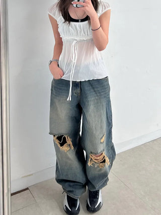Serin Vintage Wide Washed Denim Pants Jeans