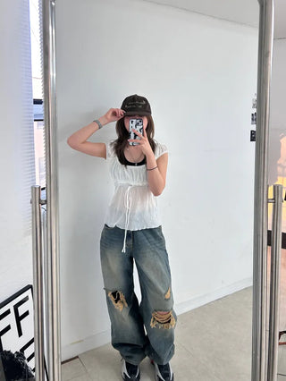 Serin Vintage Wide Washed Denim Pants Jeans