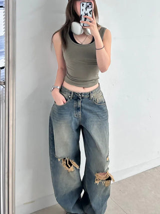 Serin Vintage Wide Washed Denim Pants Jeans