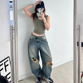 Serin Vintage Wide Washed Denim Pants Jeans