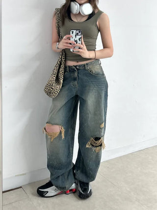 Serin Vintage Wide Washed Denim Pants Jeans