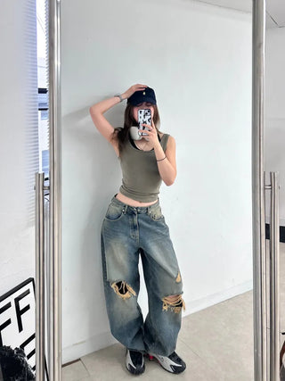 Serin Vintage Wide Washed Denim Pants Jeans