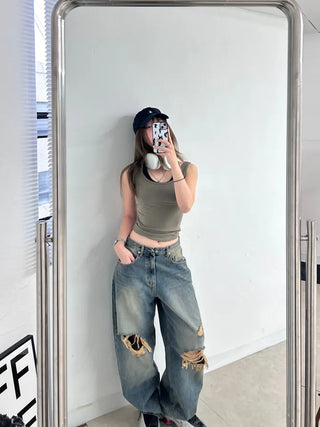 Serin Vintage Wide Washed Denim Pants Jeans