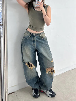 Serin Vintage Wide Washed Denim Pants Jeans
