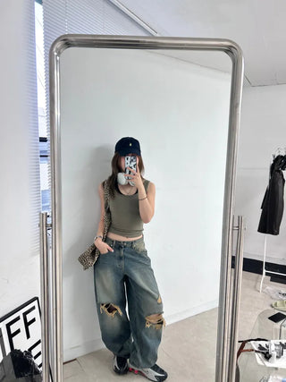 Serin Vintage Wide Washed Denim Pants Jeans