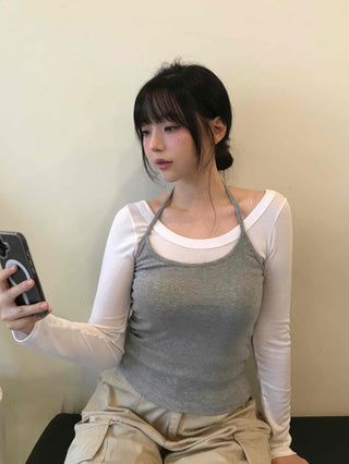 Delicate Fit Halter Layered Boat Neck Long Sleeve Tee