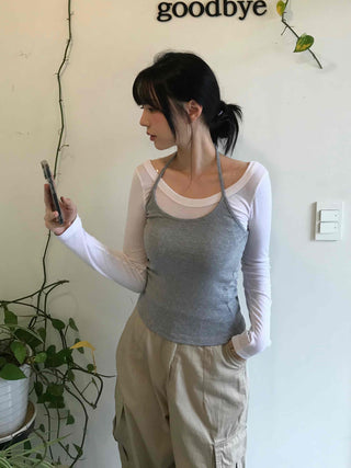 Delicate Fit Halter Layered Boat Neck Long Sleeve Tee