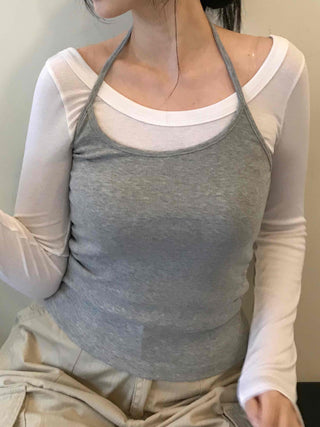 Delicate Fit Halter Layered Boat Neck Long Sleeve Tee