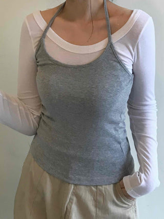 Delicate Fit Halter Layered Boat Neck Long Sleeve Tee
