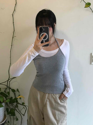 Delicate Fit Halter Layered Boat Neck Long Sleeve Tee