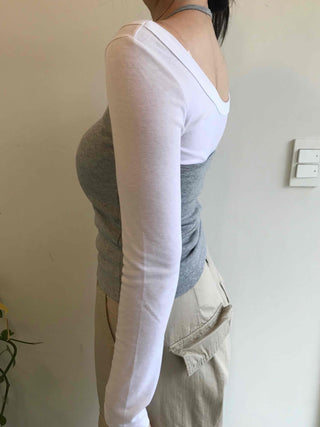 Delicate Fit Halter Layered Boat Neck Long Sleeve Tee