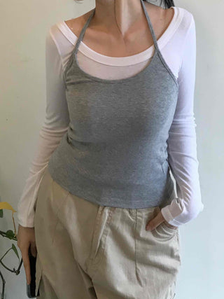 Delicate Fit Halter Layered Boat Neck Long Sleeve Tee