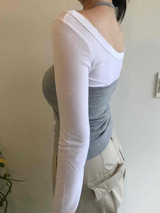 Delicate Fit Halter Layered Boat Neck Long Sleeve Tee