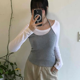 Delicate Fit Halter Layered Boat Neck Long Sleeve Tee