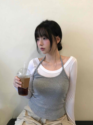 Delicate Fit Halter Layered Boat Neck Long Sleeve Tee