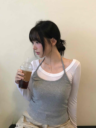 Delicate Fit Halter Layered Boat Neck Long Sleeve Tee