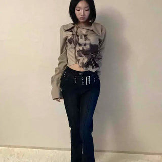 Dark blue minimal buckle belt denim long pants