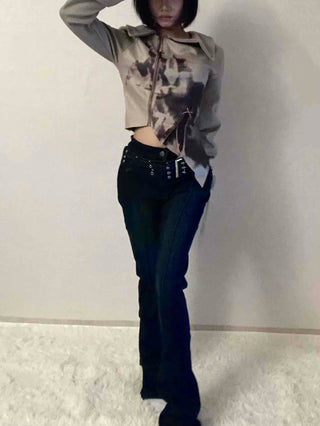 Dark blue minimal buckle belt denim long pants