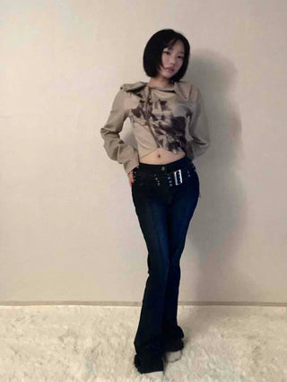 Dark blue minimal buckle belt denim long pants