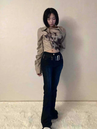Dark blue minimal buckle belt denim long pants