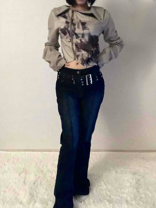 Dark blue minimal buckle belt denim long pants