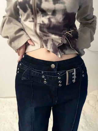 Dark blue minimal buckle belt denim long pants