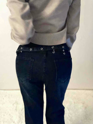 Dark blue minimal buckle belt denim long pants