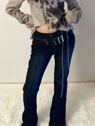 Dark blue minimal buckle belt denim long pants