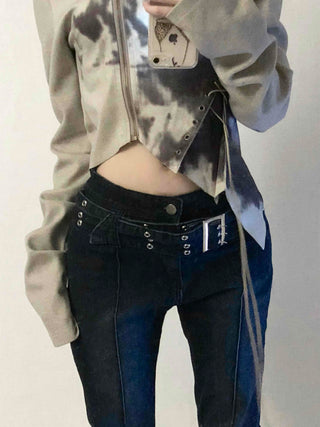 Dark blue minimal buckle belt denim long pants