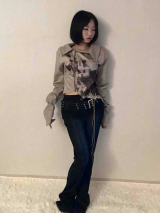 Dark blue minimal buckle belt denim long pants