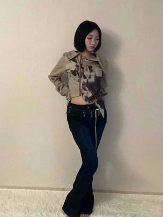 Dark blue minimal buckle belt denim long pants