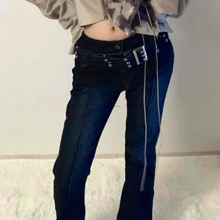 Dark blue minimal buckle belt denim long pants