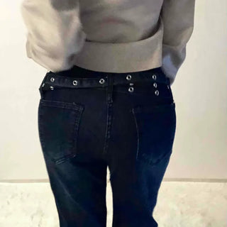 Dark blue minimal buckle belt denim long pants