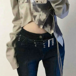 Dark blue minimal buckle belt denim long pants