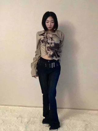 Dark blue minimal buckle belt denim long pants