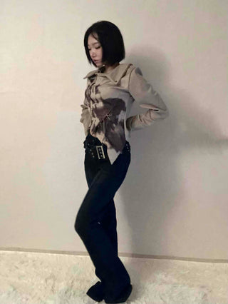 Dark blue minimal buckle belt denim long pants