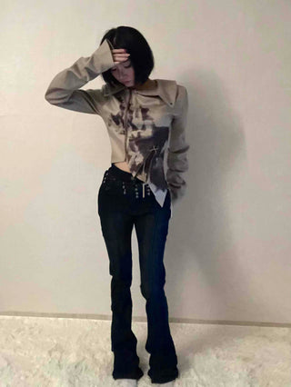 Dark blue minimal buckle belt denim long pants